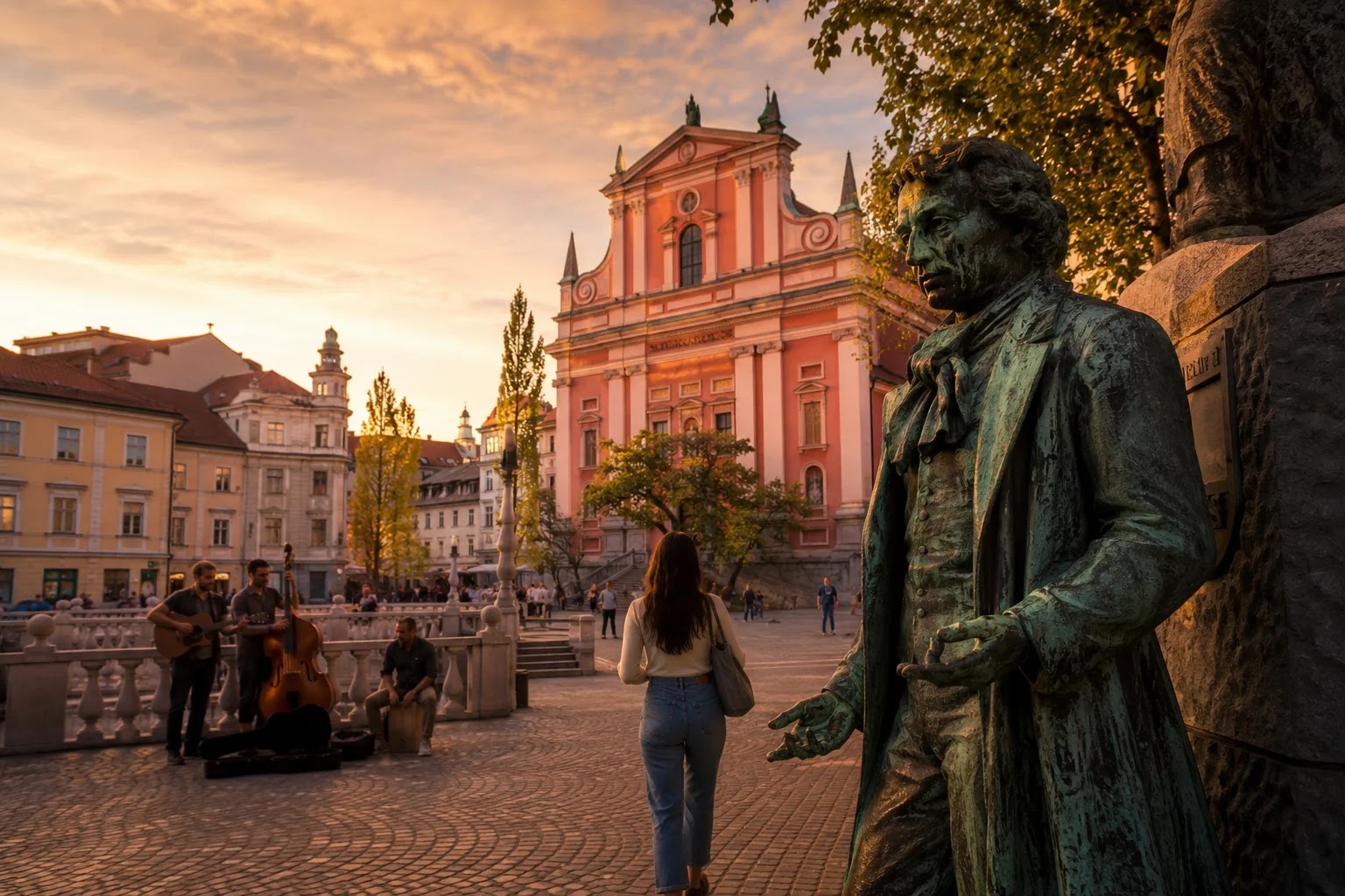 Golden-hour evening walk through Ljubljana old town