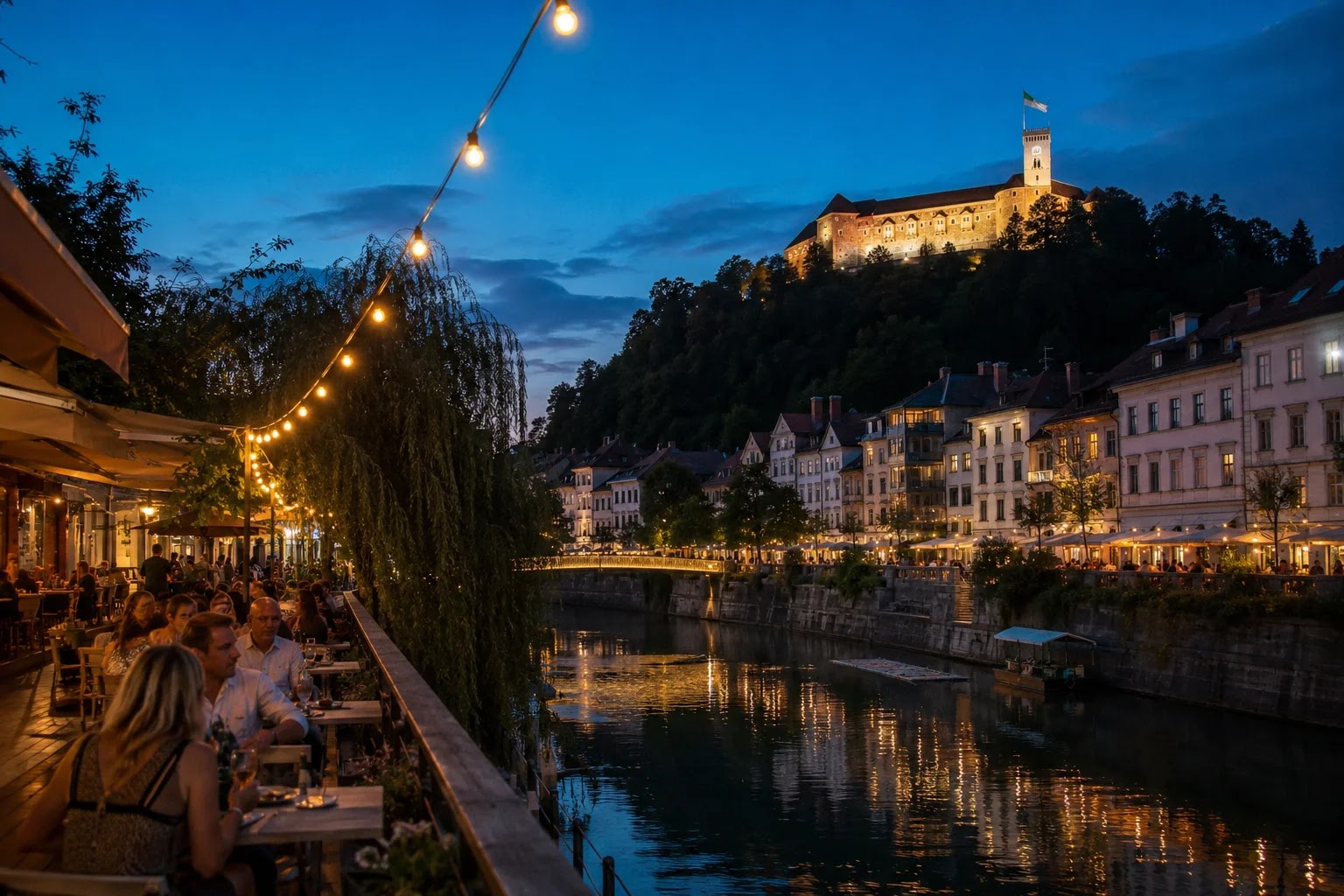 Riverside dinner at dusk below Ljubljana Castle