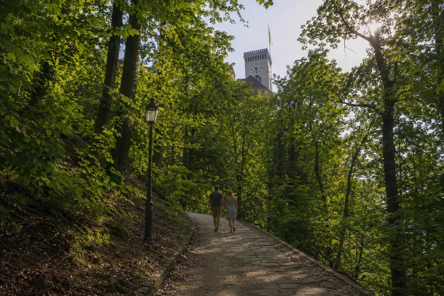 Wooded forest path climbing to Ljubljana Castle