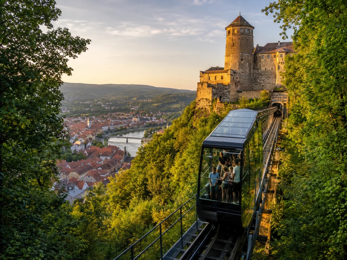 Funicular gliding up to Ljubljana Castle from the old town