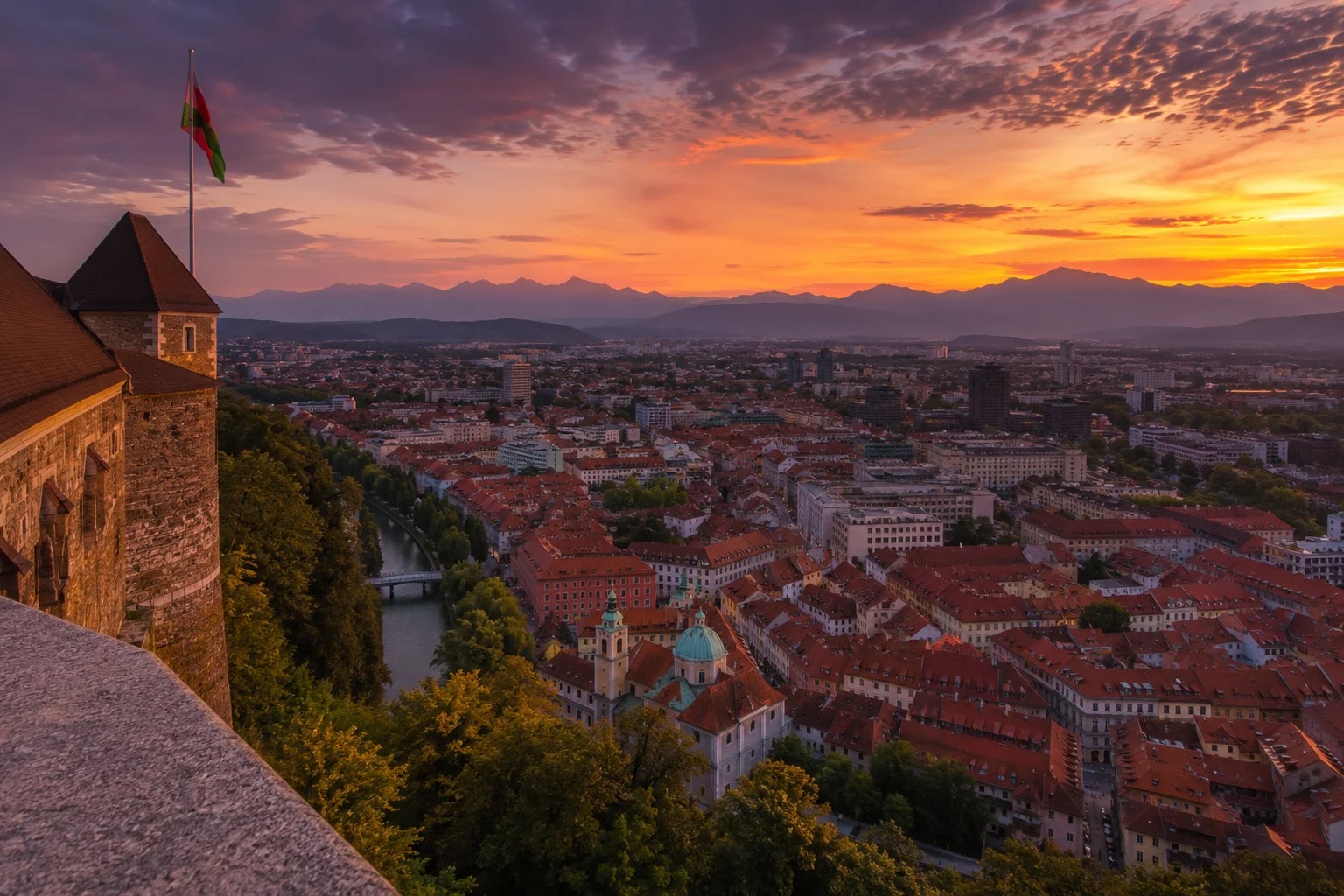 Sunset panorama over Ljubljana from the castle ramparts