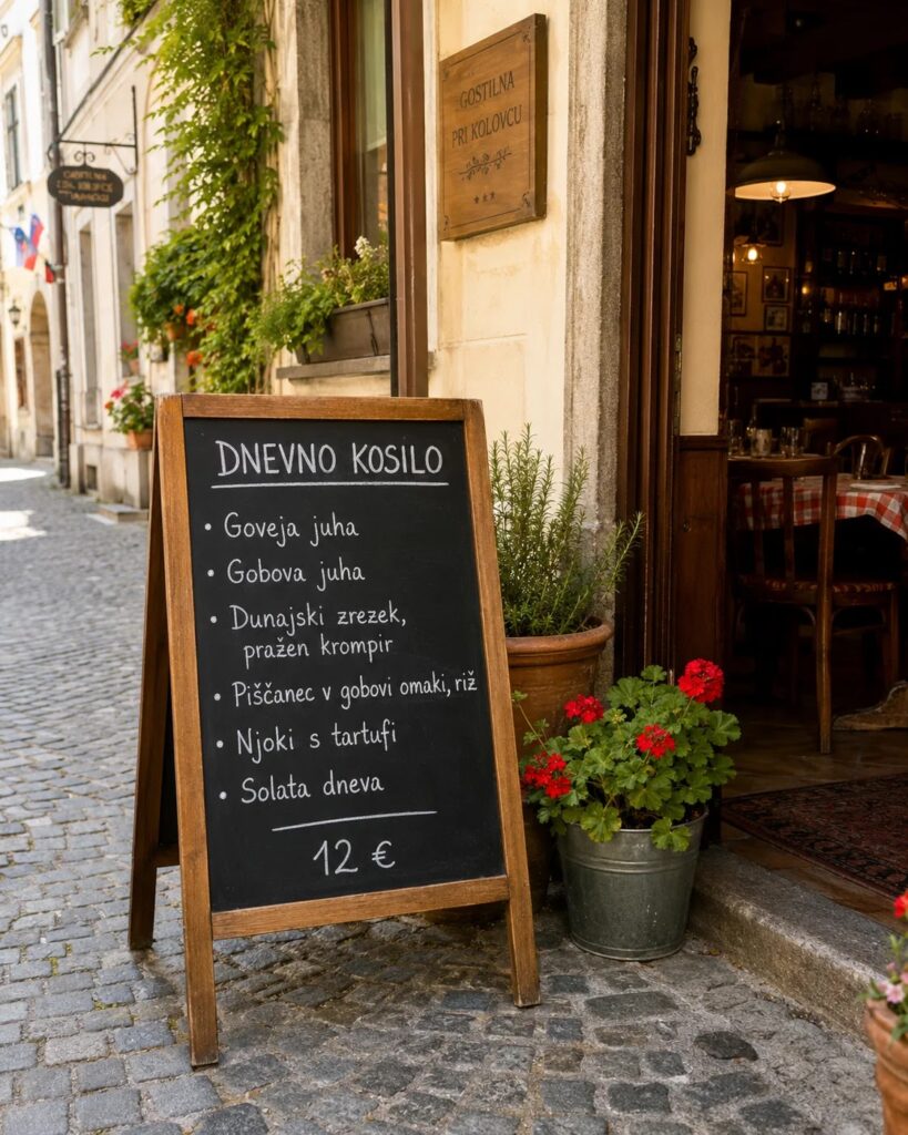 Handwritten chalkboard daily lunch menu outside a Ljubljana gostilna