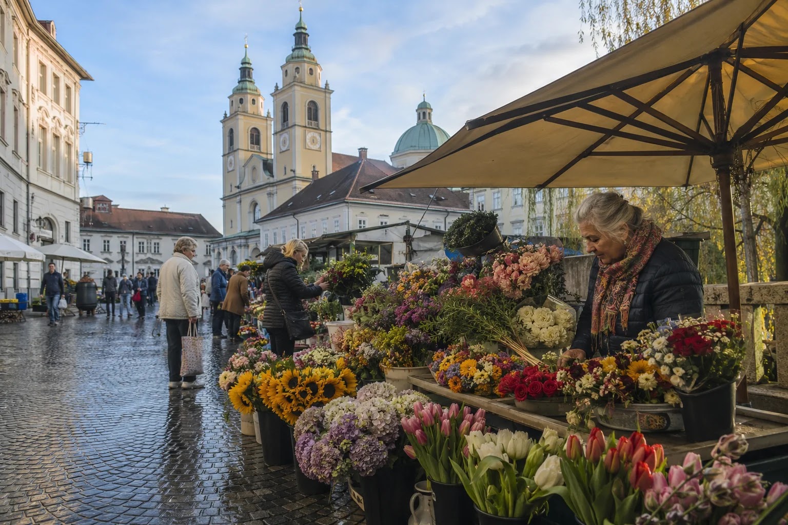 Flower stalls at the Central Market in the morning