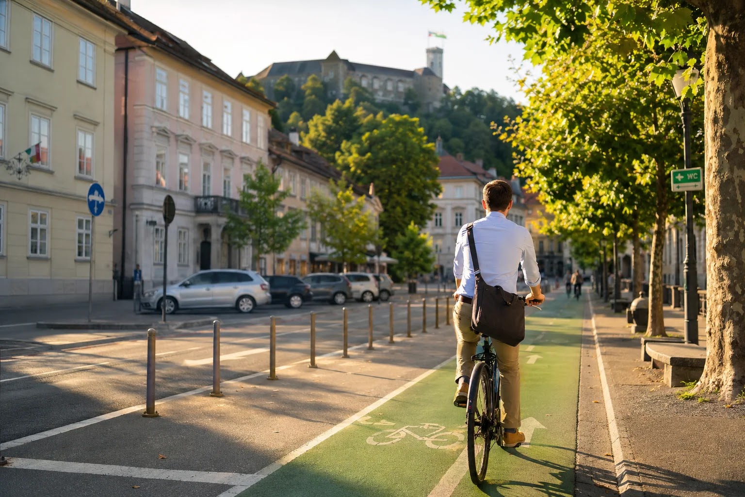 A cyclist on a Ljubljana bike lane on the way to work