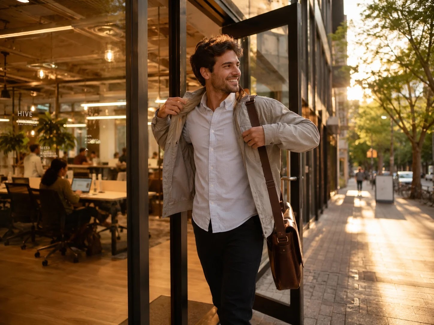 An entrepreneur leaving the makerSP_CE coworking space at the end of the workday