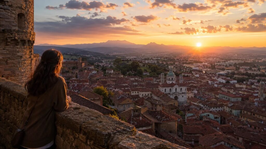 Sunset panorama over Ljubljana from the castle ramparts