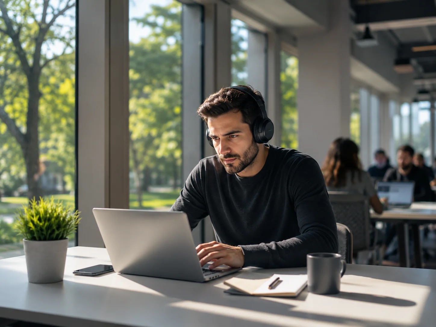 Focused deep-work block at a coworking desk in Ljubljana