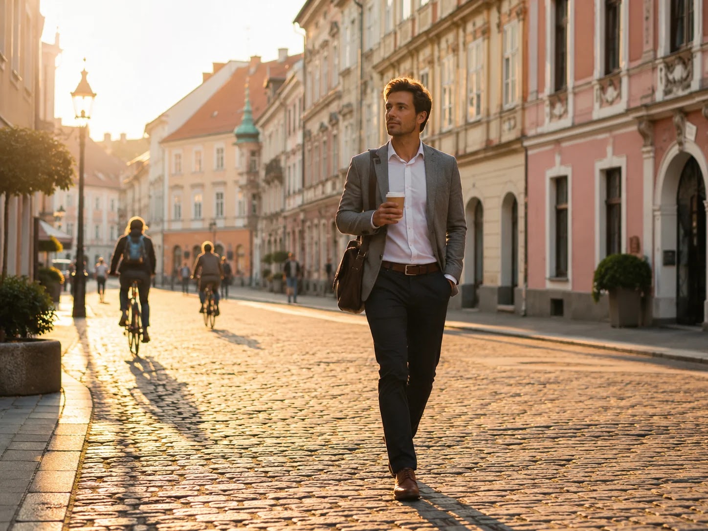 Remote worker walking through Ljubljana old town with morning coffee