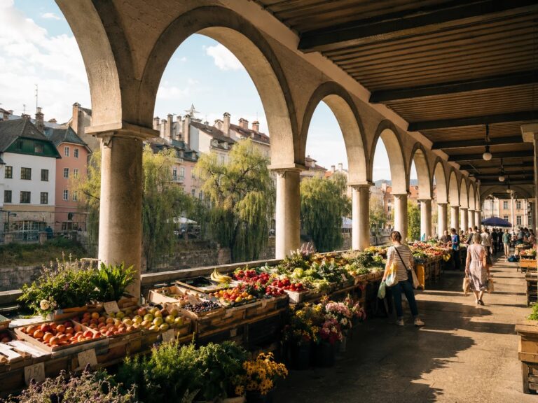 Plečnik's riverside colonnade at Ljubljana's Central Market