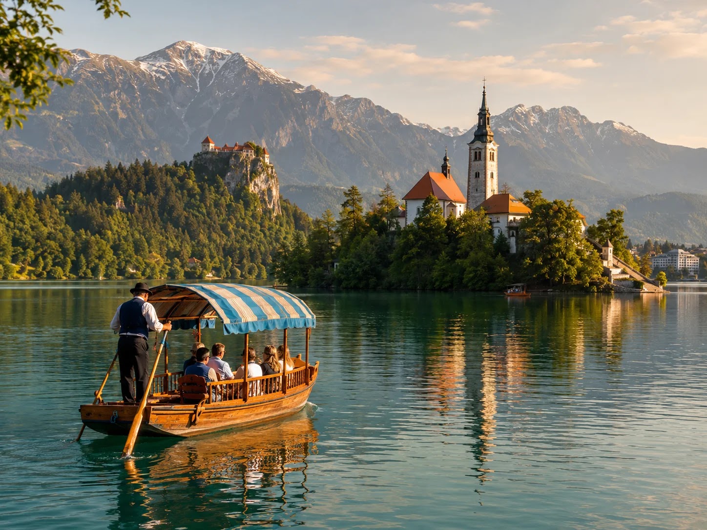 Traditional pletna boat on Lake Bled heading to the island