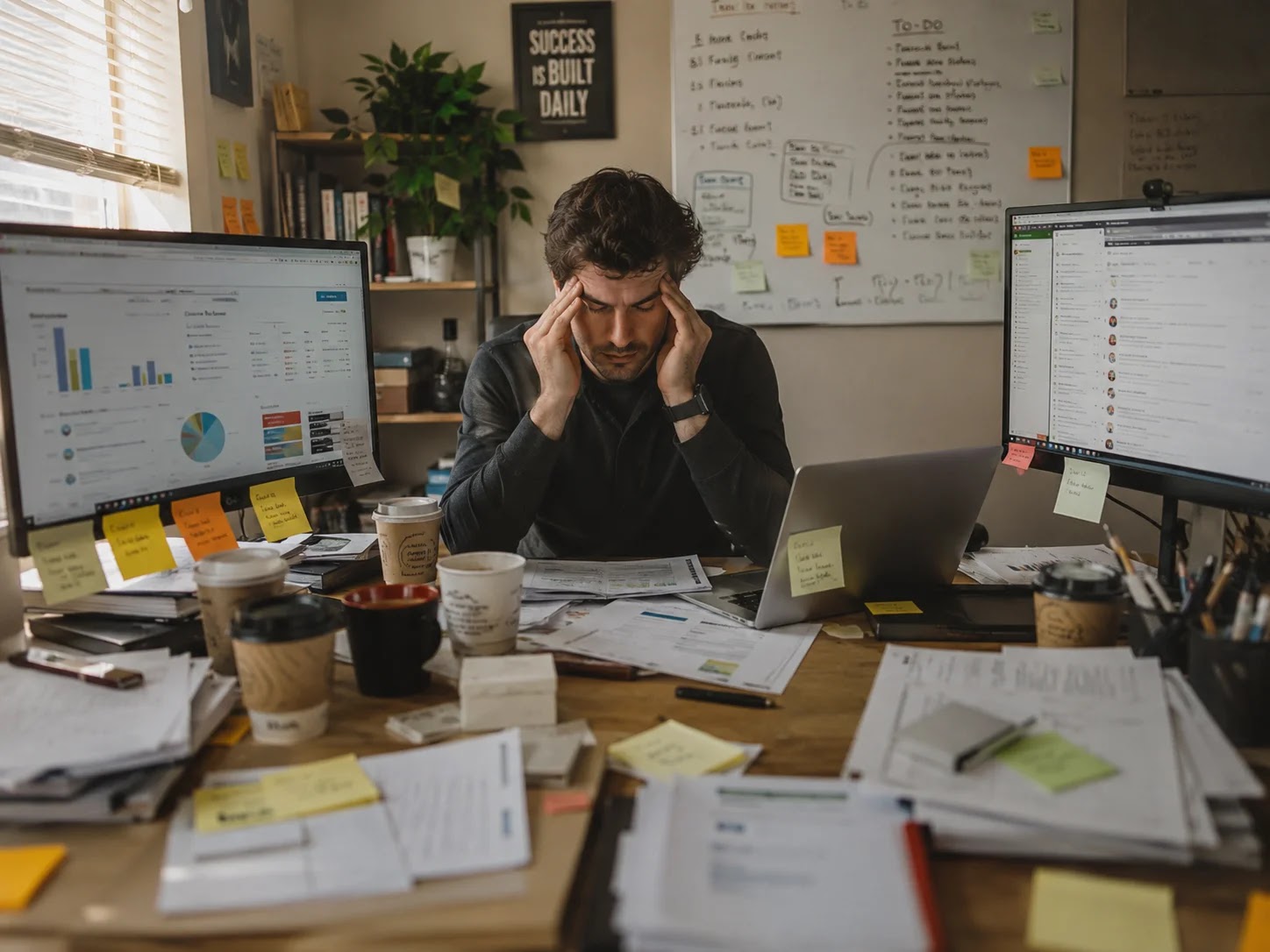 An overwhelmed entrepreneur at a desk when the work becomes too much for one person