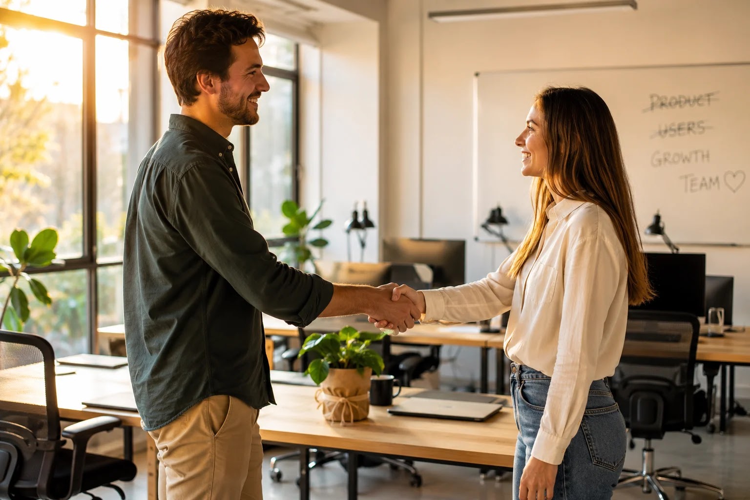 A handshake on the first hire of a new team member