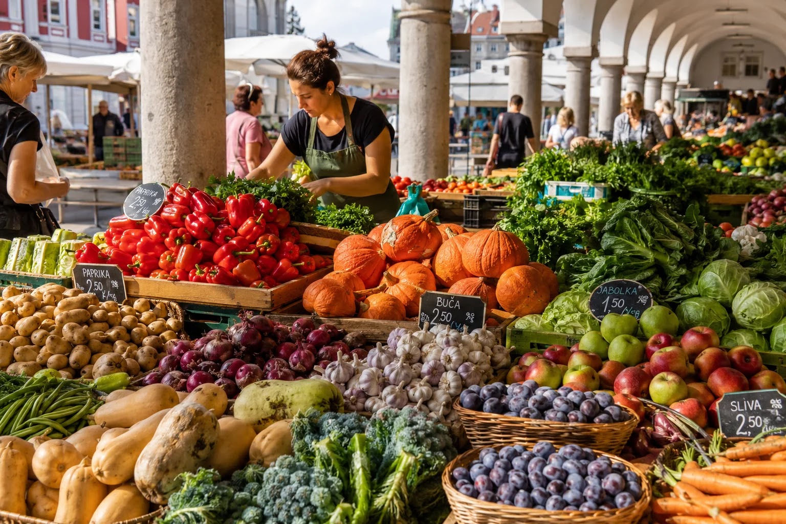 Seasonal produce display with fruit and vegetables at the market