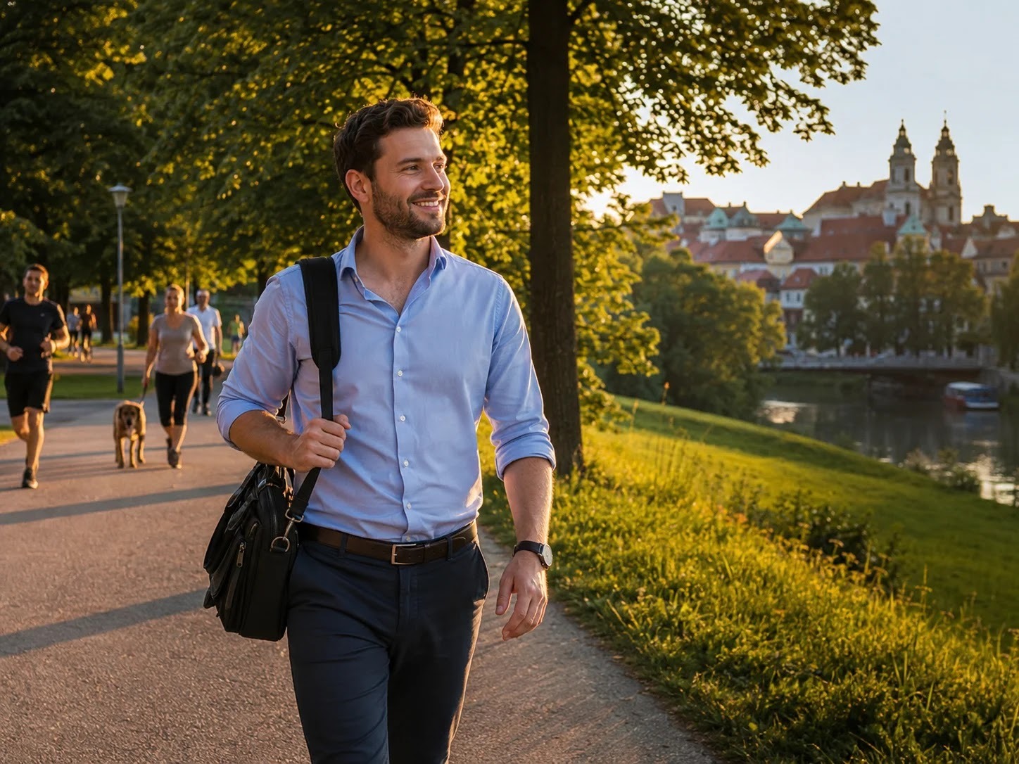 A person walking in Tivoli Park at the end of the workday