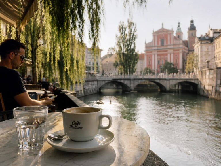 Espresso on a Ljubljanica riverside terrace in the morning light