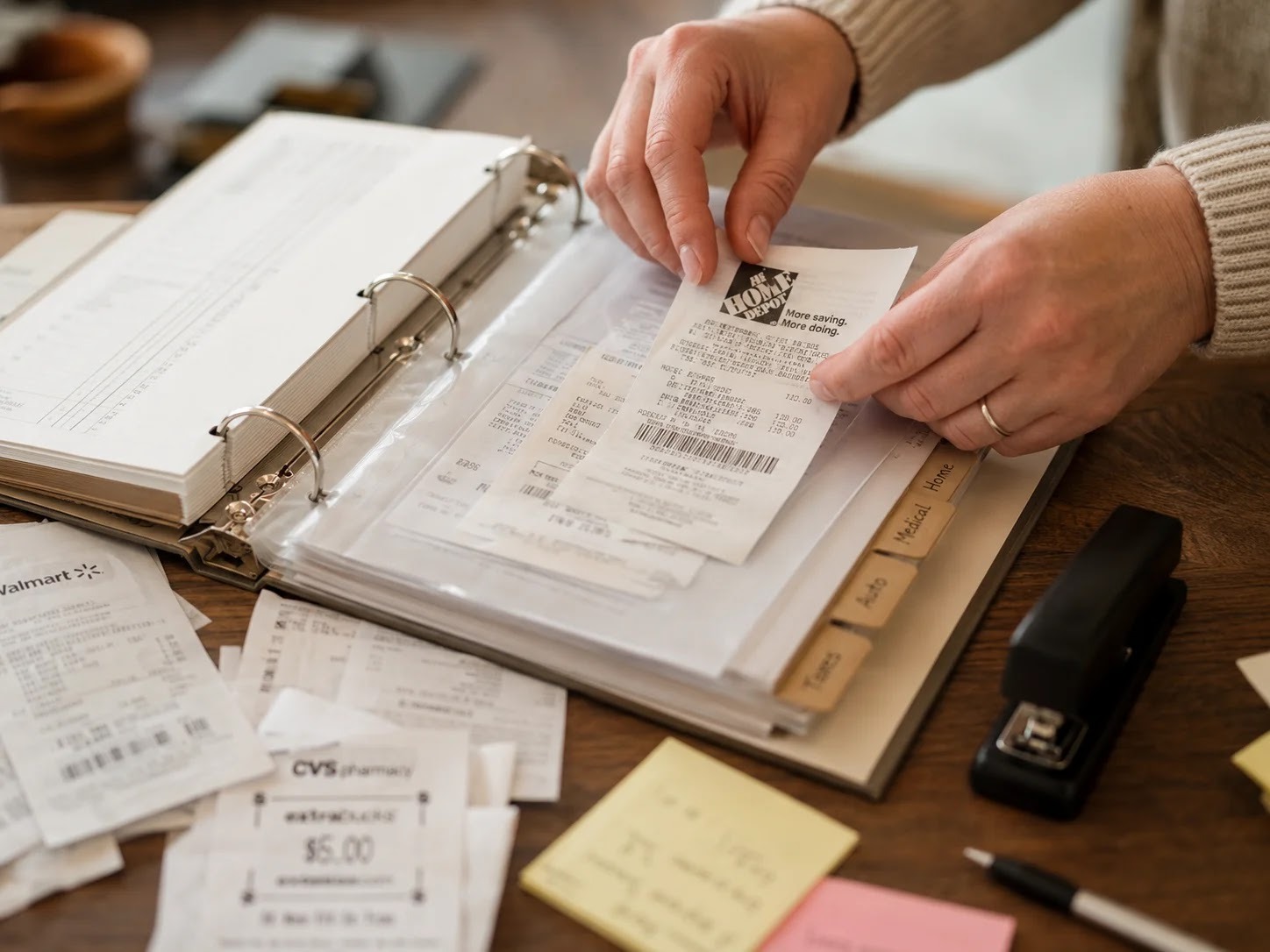 An entrepreneur filing and storing invoices for booking expenses