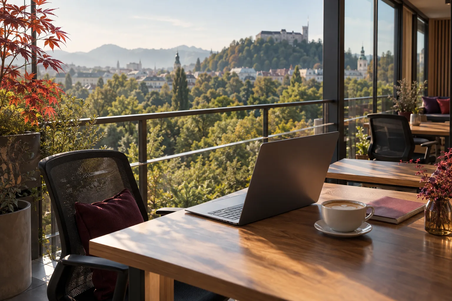 Coworking Ljubljana center – delovna miza z laptopom in kavo na balkonu makerSP_CE s pogledom na krošnje Tivolija