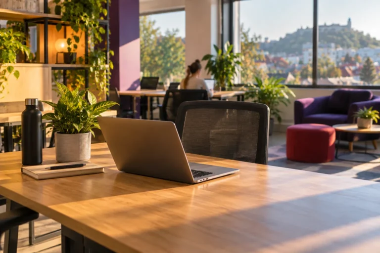 Coworking brez vezave – urejena delovna miza z lončnico v svetlem prostoru makerSP_CE v Ljubljani