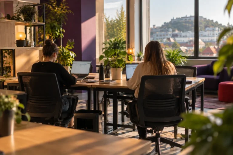 Skupna pisarna Ljubljana – tri mize skupaj in dva sodelavca pri delu v coworkingu makerSP_CE