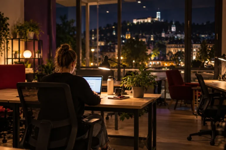 Coworking 24/7 Ljubljana – nočno delo ob namizni svetilki v makerSP_CE, za oknom luči mesta