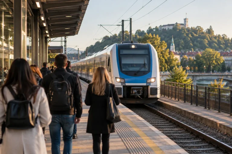 Regionalni vlak na peronu z jutranjimi vozači – pot v coworking za vozače v Ljubljani