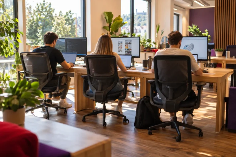Pisarna za 2 osebi Ljubljana – mini ekipa za sosednjimi mizami v coworkingu makerSP_CE