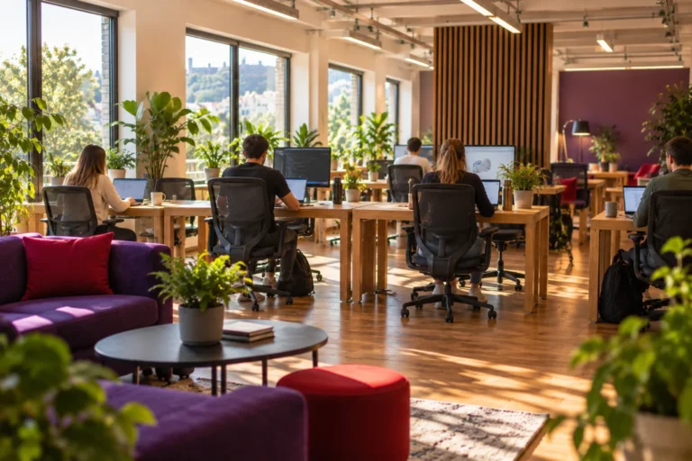 Coworking Ljubljana – pogled na delovne mize in člane skupnosti v prostoru makerSP_CE ob Tivoliju