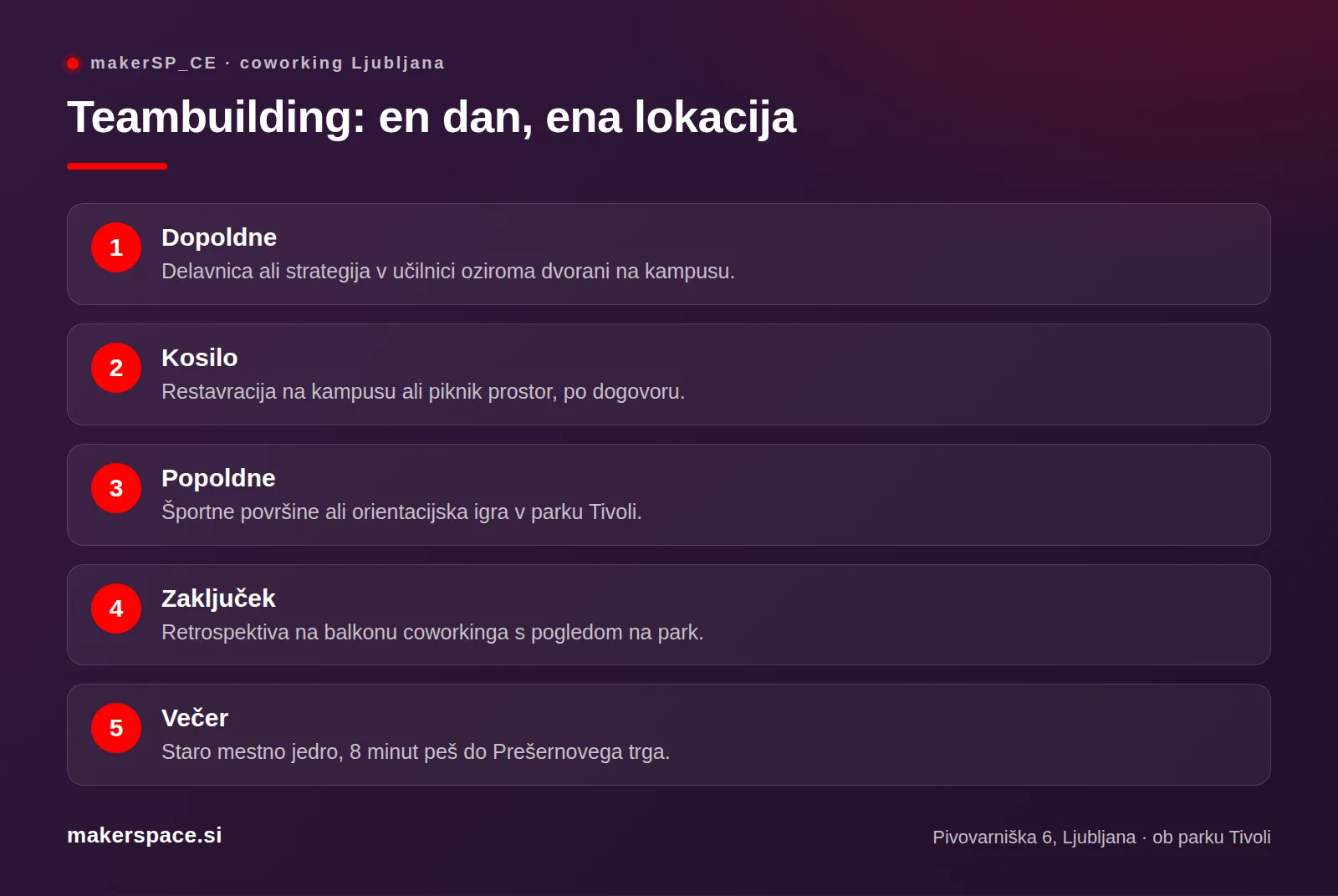 Načrt za teambuilding v Ljubljani po korakih: delavnica, kosilo, šport v Tivoliju, večer v mestu