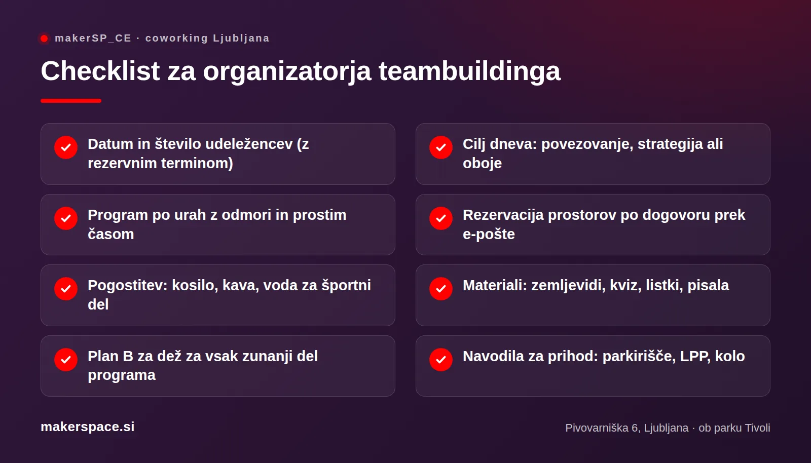 Checklist za najem prostora za teambuilding v Ljubljani: termin, program, prostori, pogostitev, plan B