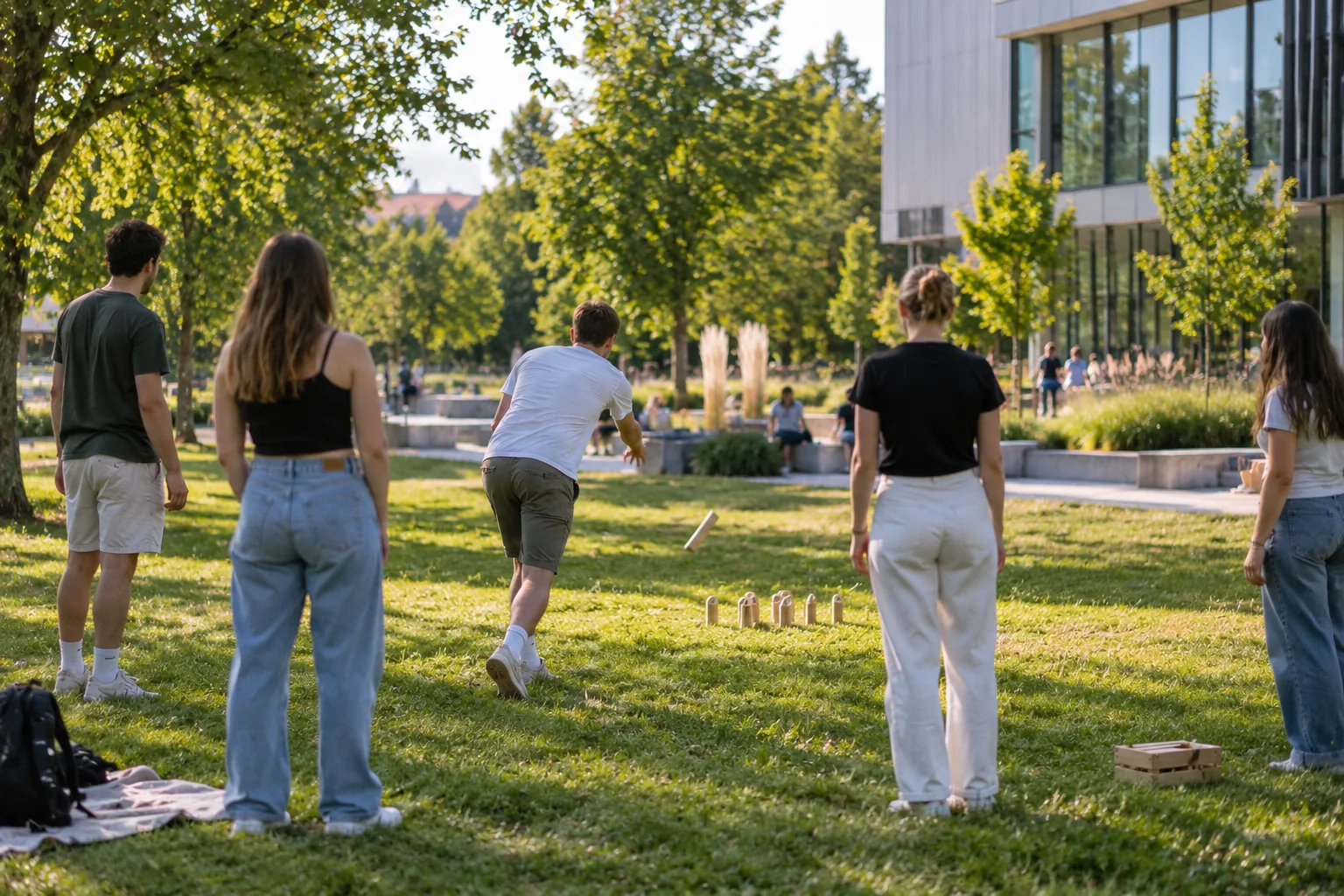 Prostor za teambuilding v Ljubljani – ekipa med igro na zelenici ob Študentskem kampusu