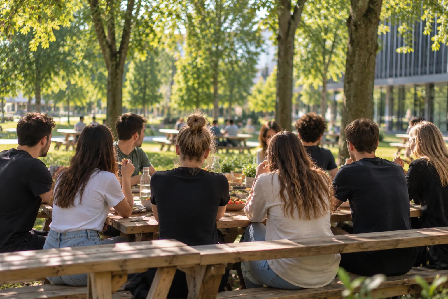 Sodelavci na pikniku za dolgo leseno mizo pod drevesi – zaključek teambuildinga ob parku Tivoli