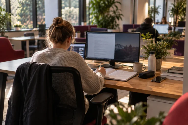 Kje se učiti v Ljubljani – študentka za mirno mizo z zaslonom in zapiski v coworkingu makerSP_CE