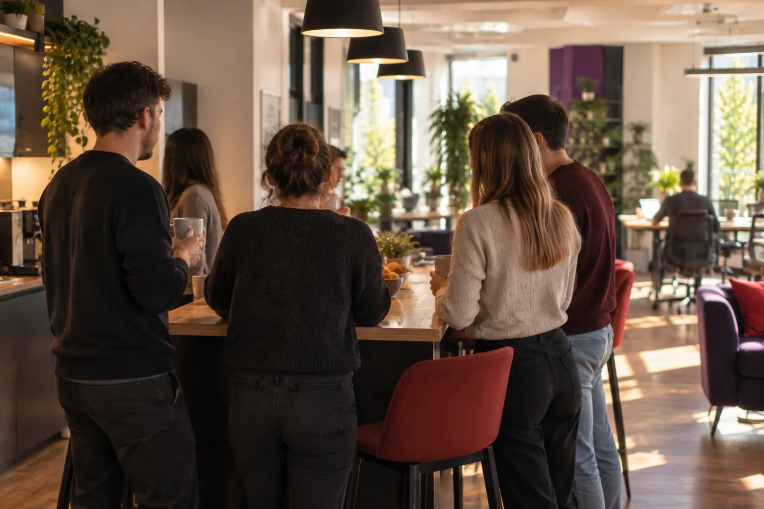 Kava ob kuhinjskem pultu s člani skupnosti – spoznavanje sodelavcev v prvem tednu v coworkingu