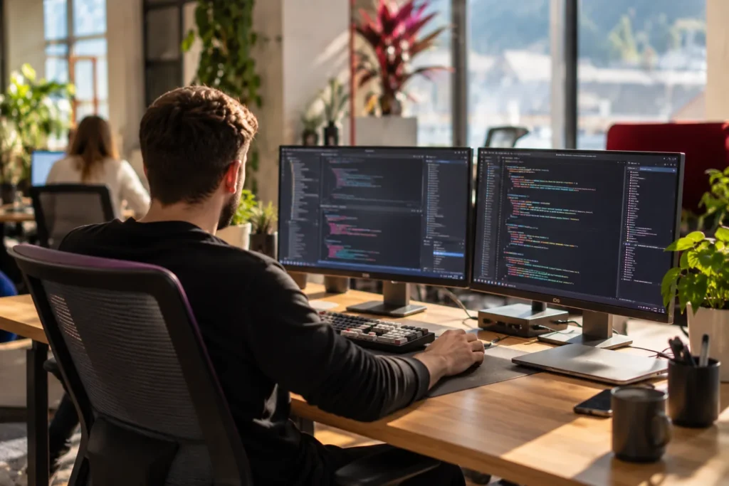 Coworking za razvijalce – delovna postaja z dvema zaslonoma in mehansko tipkovnico v makerSP_CE
