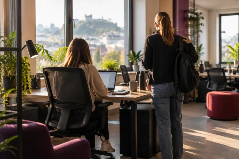 Coworking za dva – pri eni mizi makerSP_CE se izmenjata dve osebi: ena dela, druga prihaja s torbo
