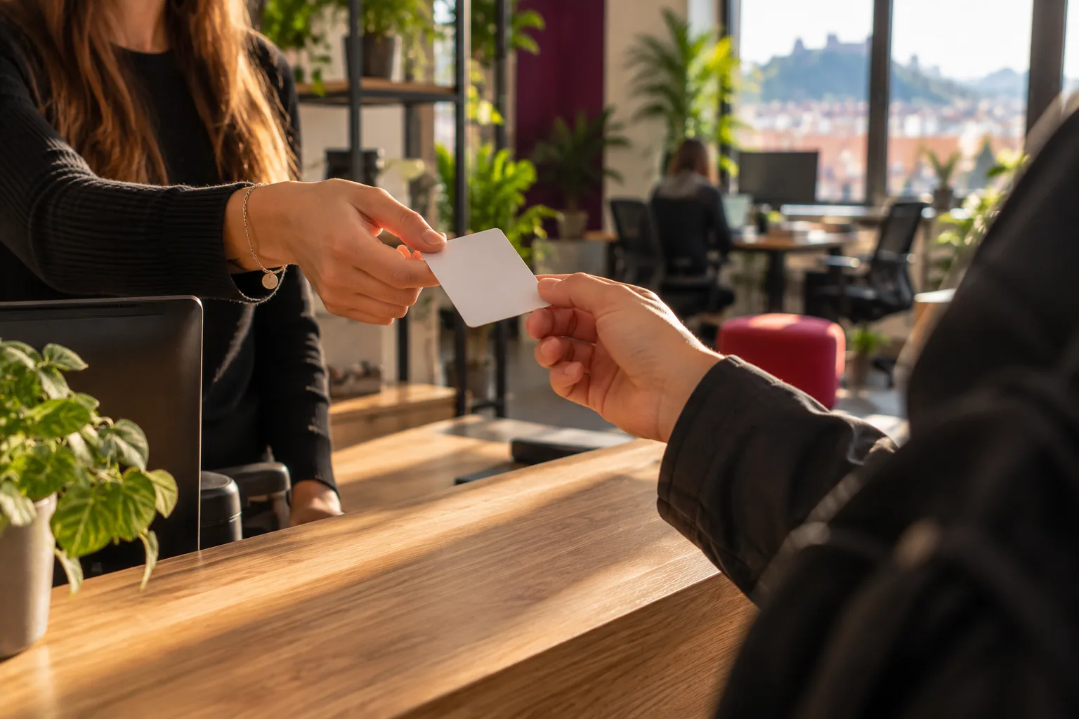 Predaja dostopne kartice čez leseni pult – dnevna vstopnica za coworking v Ljubljani