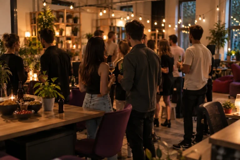 Coworking skupnost – večerno druženje članov z lučkami in pijačo v prostoru makerSP_CE v Ljubljani