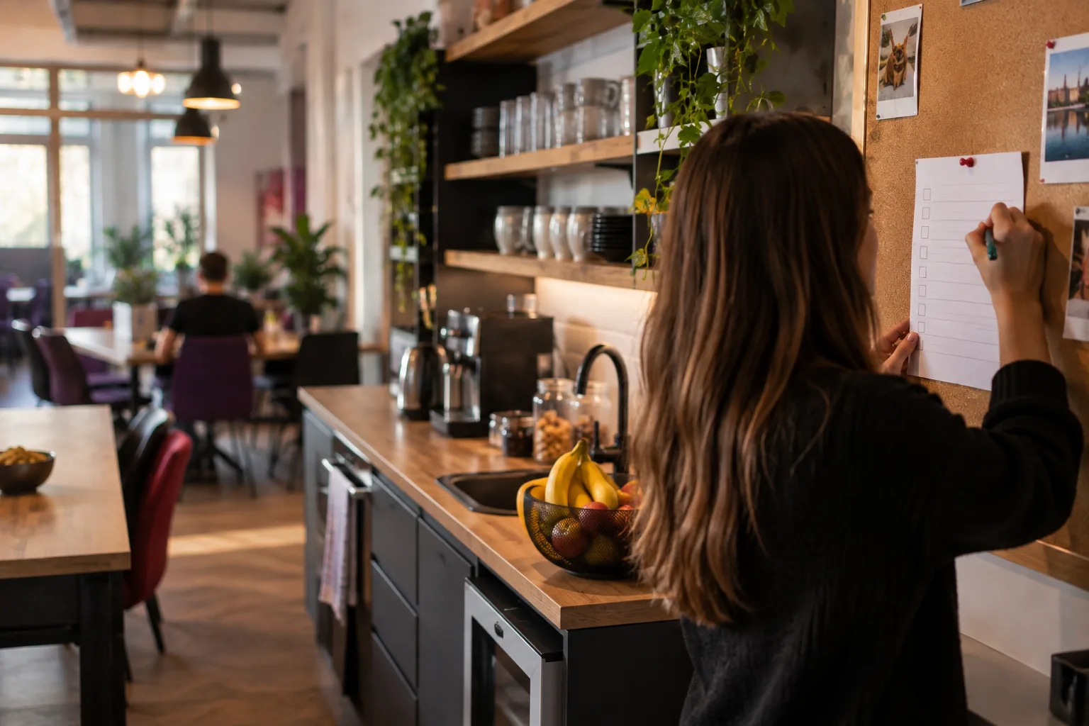 Roka dopisuje želje na nakupovalni seznam na plutovinasti tabli – skupna kuhinja coworking skupnosti