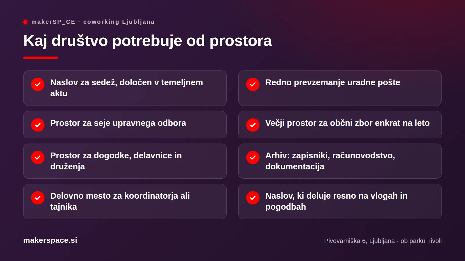 Checklist: prostor za društvo Ljubljana – sedež, pošta, seje, občni zbor, dogodki, arhiv
