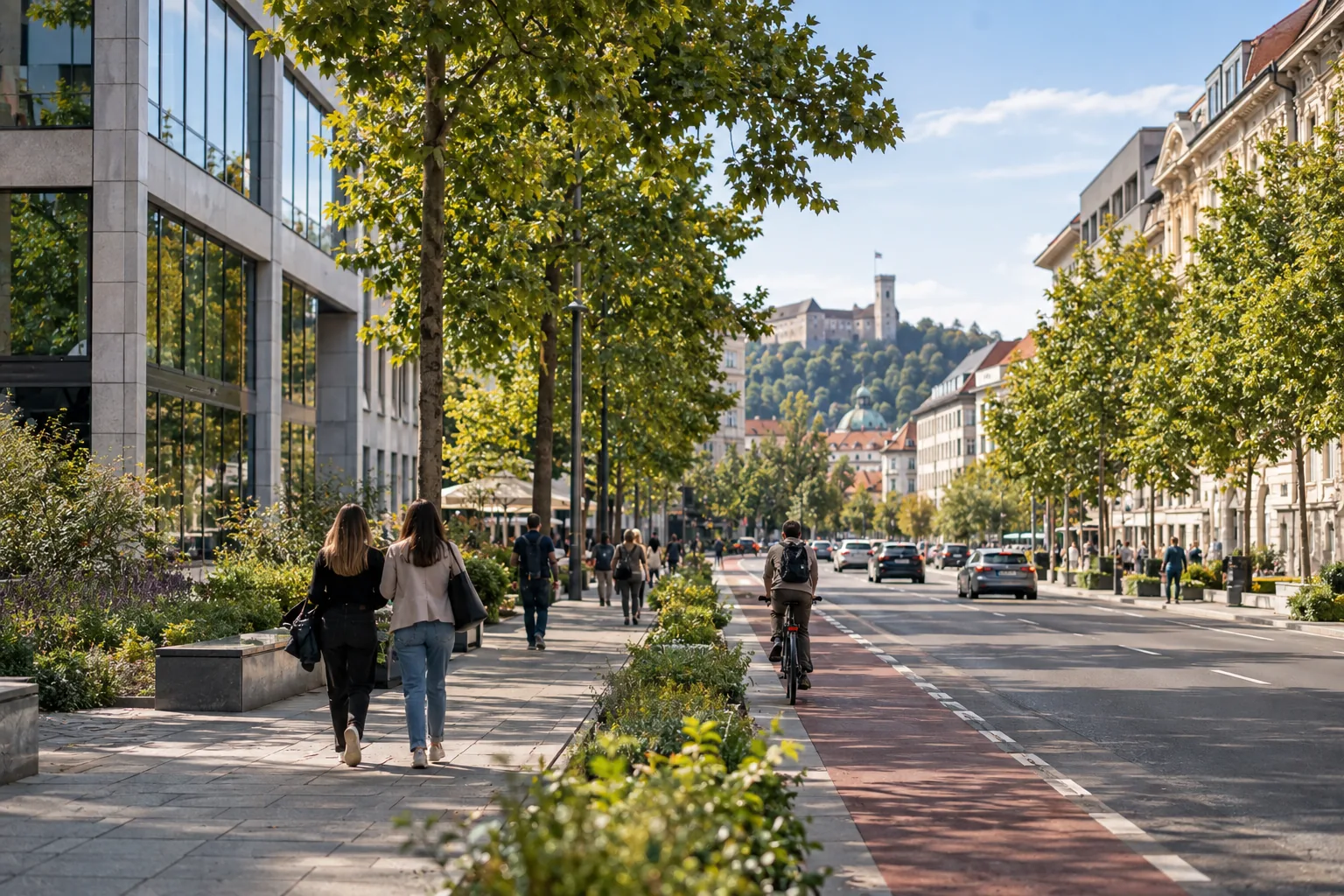 Široka ljubljanska ulica s poslovnimi stavbami in drevesi – izbira četrti za pisarno male ekipe