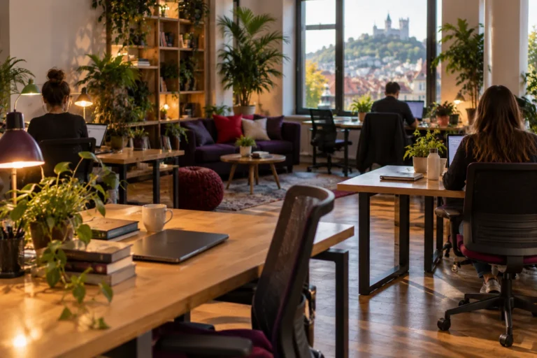 Cosy independent coworking space with plants and warm lamps, the local answer when there is no WeWork in Ljubljana