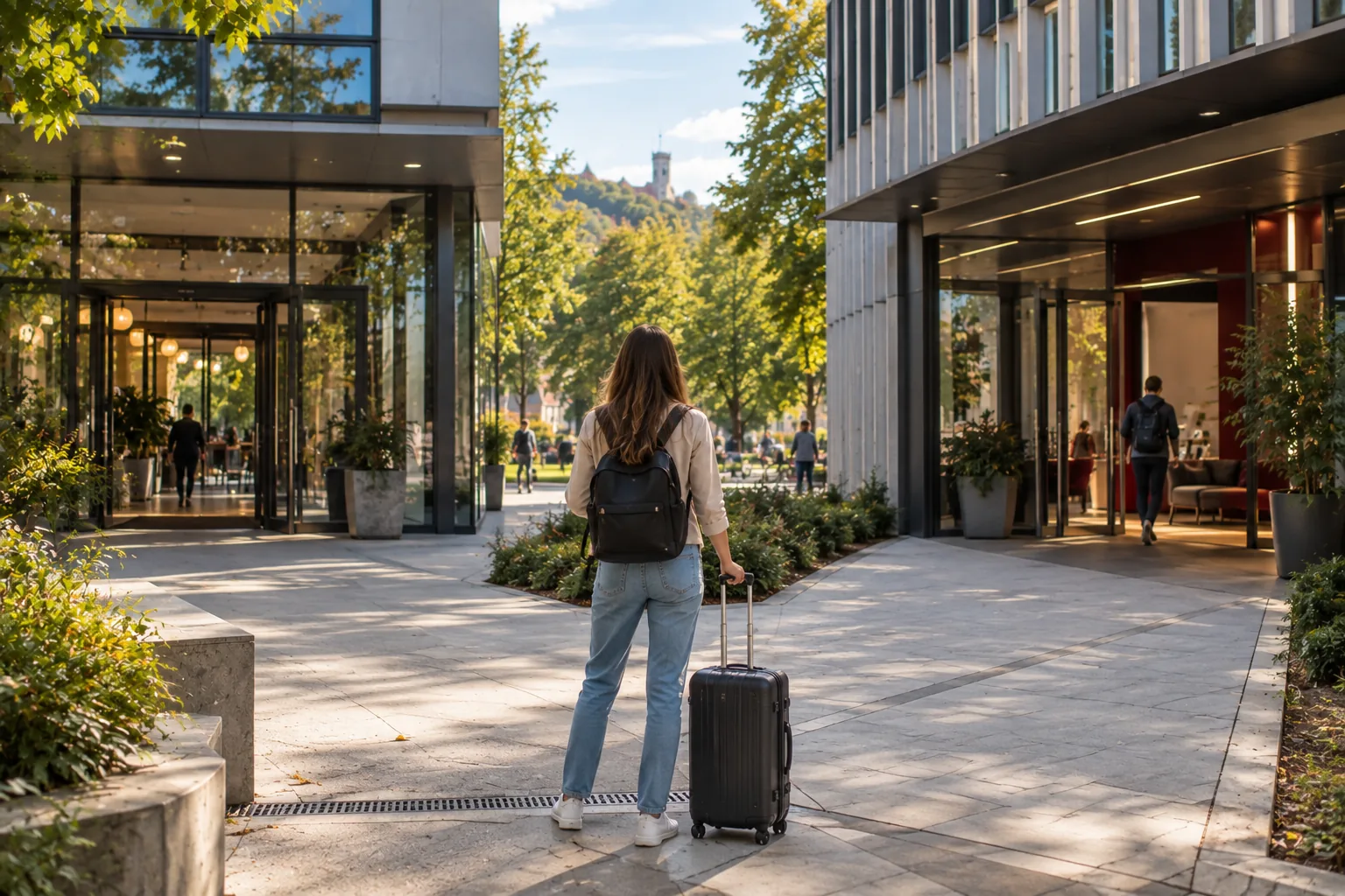 Traveller with a suitcase choosing between two office entrances, chain or local coworking in Ljubljana