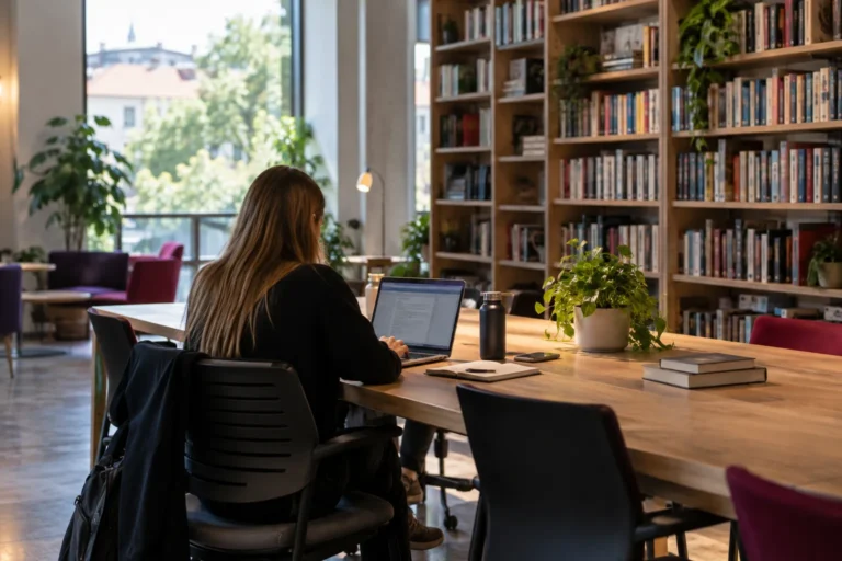 Laptop work at a long wooden library table, the closest thing to a free coworking space in Ljubljana
