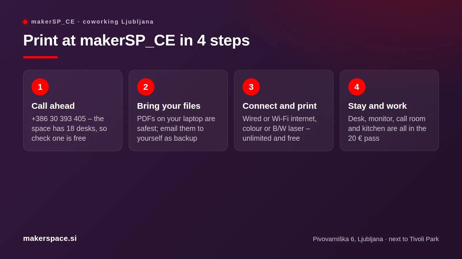 Four steps to unlimited printing in Ljubljana with a makerSP_CE coworking day pass