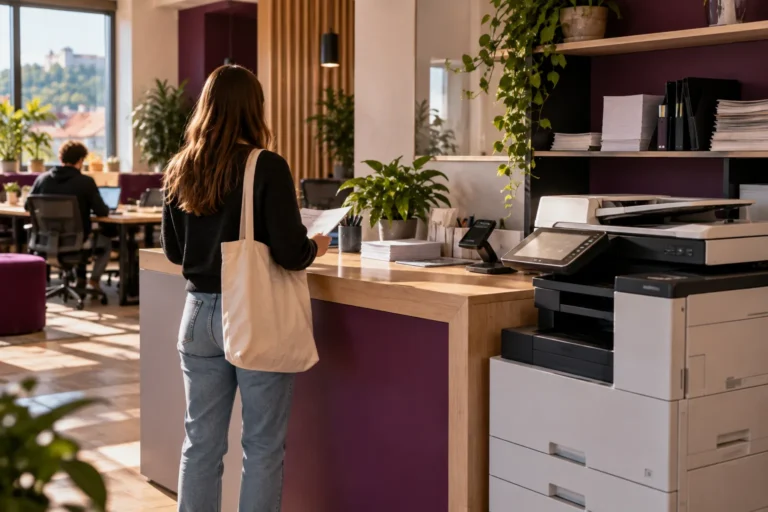 Customer at a copy shop counter with a multifunction printer, one way to print documents in Ljubljana