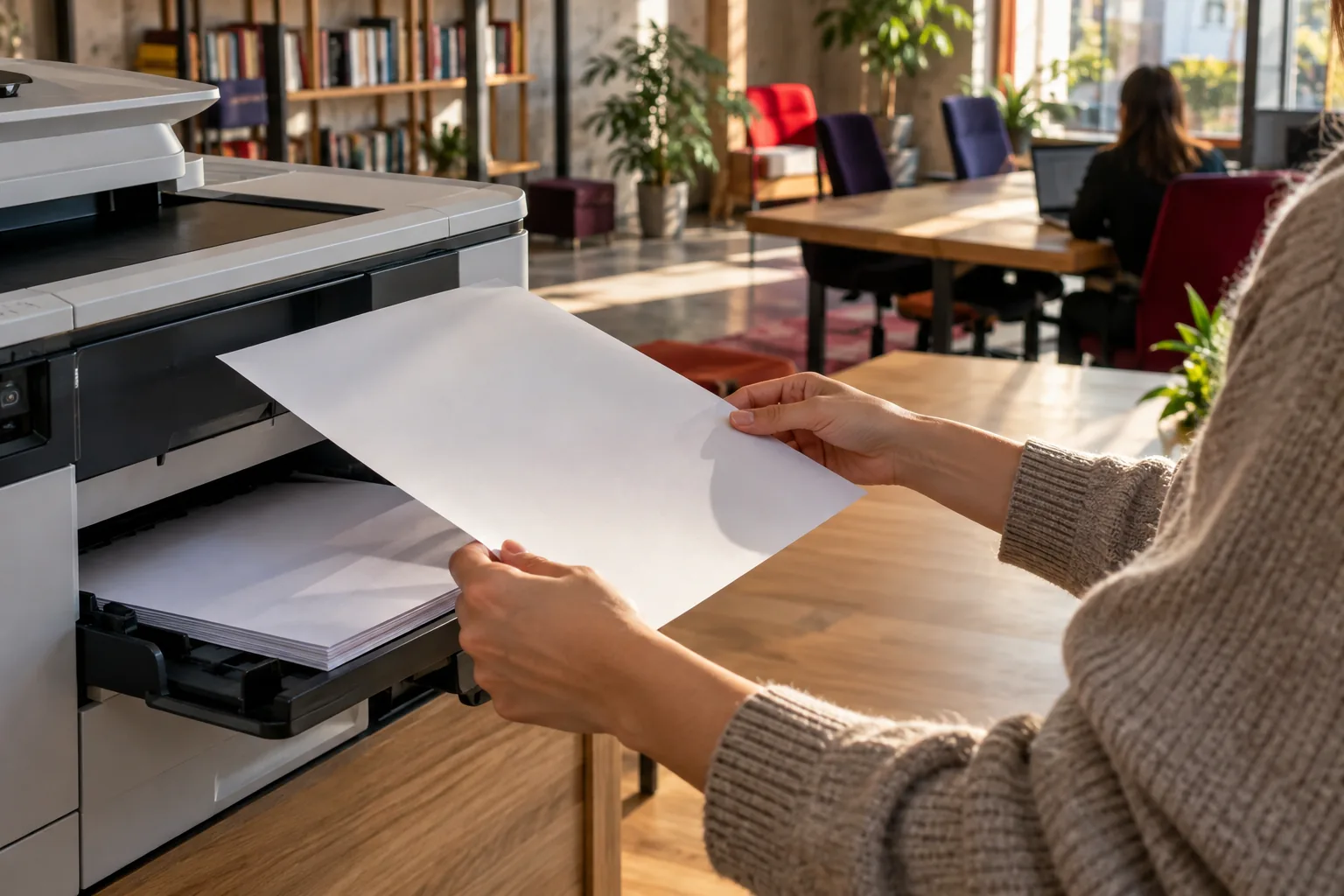 Lifting a large sheet from a colour laser printer tray, bigger formats printed in Ljubljana