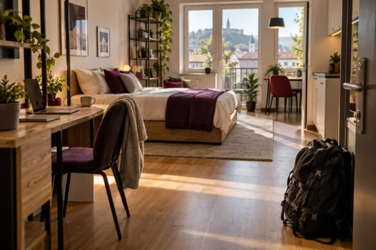 Bright furnished studio flat with a small desk, the housing half of DIY coliving in Ljubljana