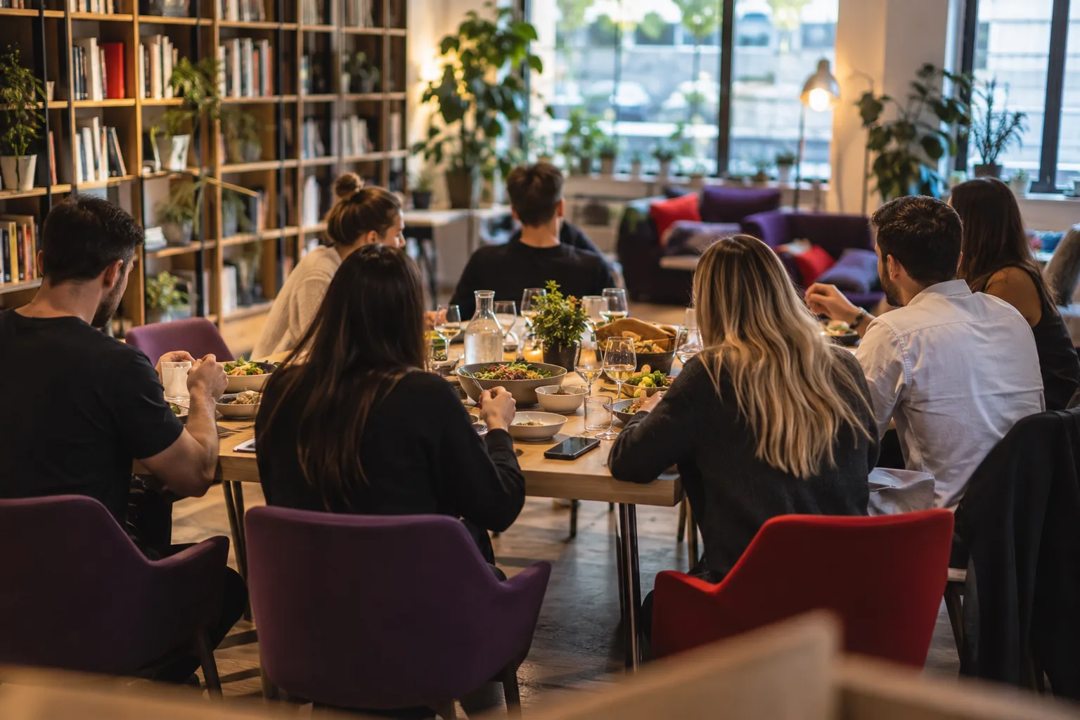 Young professionals sharing dinner at a long table, the community side of coliving in Ljubljana