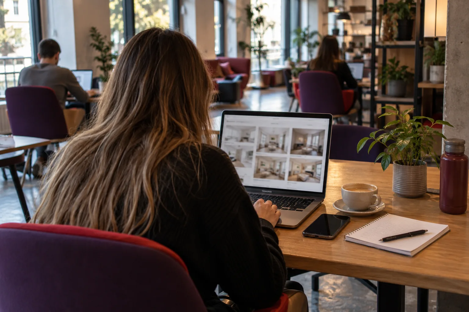 Browsing furnished rental listings in a café, hunting flats for a DIY coliving setup in Ljubljana