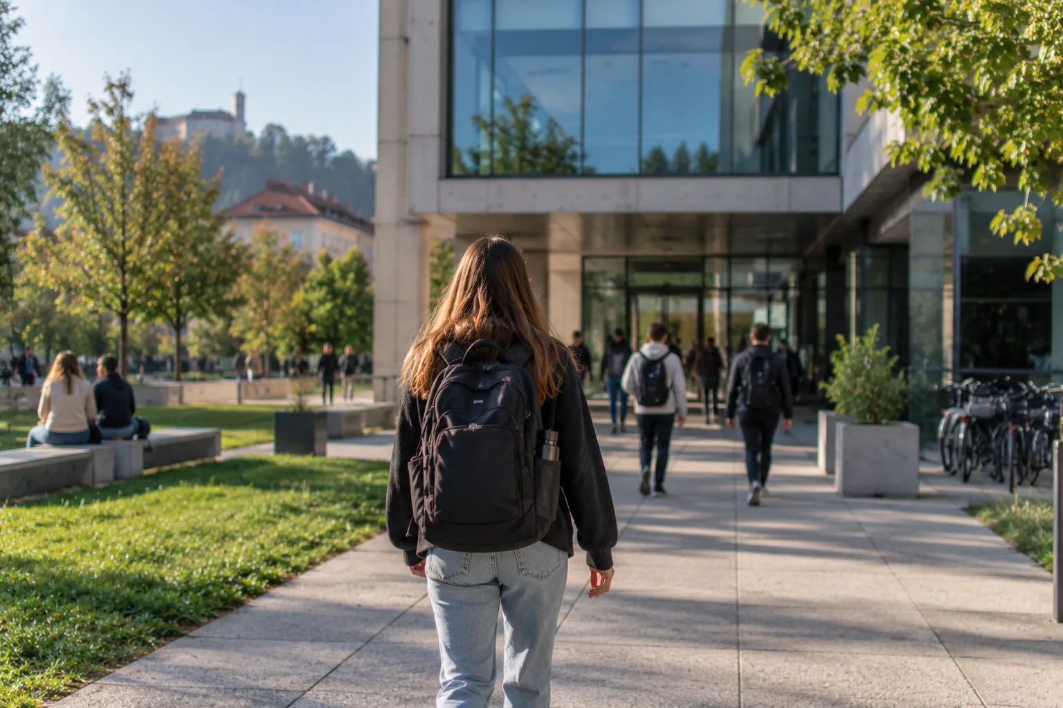 Erasmus student with a big backpack arriving at a modern campus building in Ljubljana